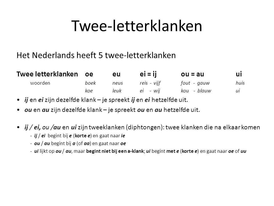 Twee-letterklanken Het Nederlands heeft 5 twee-letterklanken