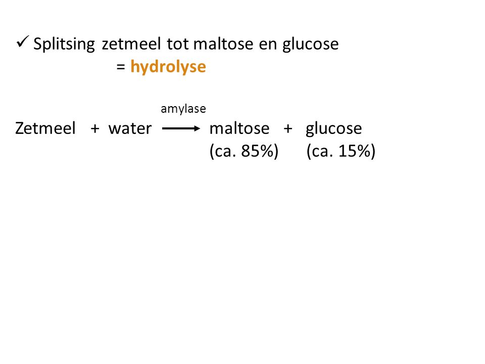 Splitsing zetmeel tot maltose en glucose = hydrolyse