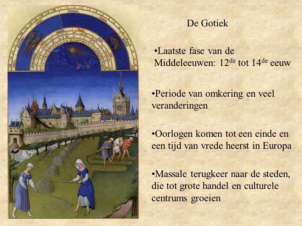De Gotiek Laatste fase van de Middeleeuwen: 12de tot 14de eeuw. Periode van omkering en veel veranderingen.