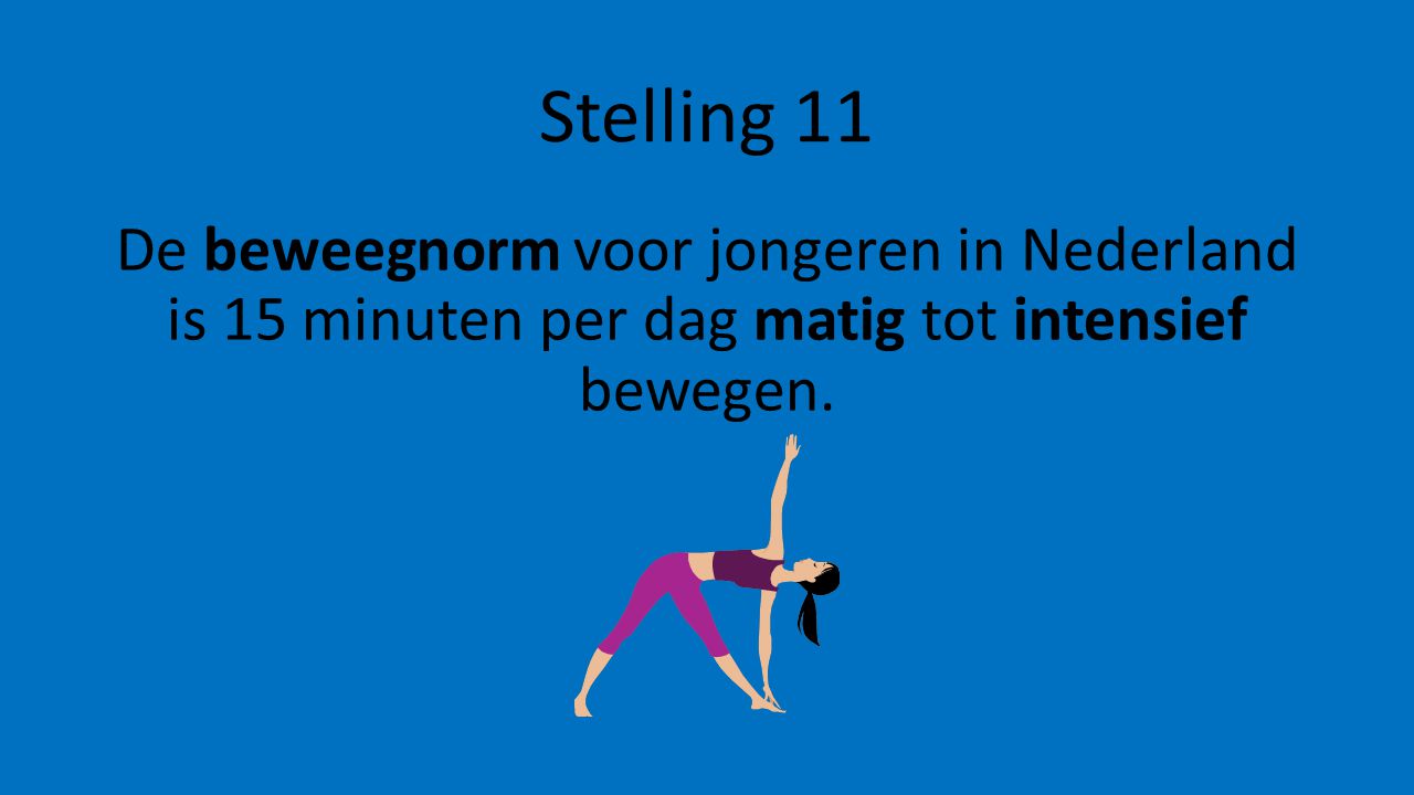 Stelling 11 De beweegnorm voor jongeren in Nederland is 15 minuten per dag matig tot intensief bewegen.
