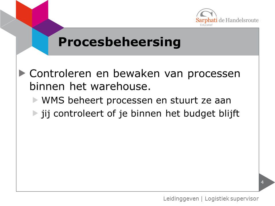 Procesbeheersing Controleren en bewaken van processen binnen het warehouse. WMS beheert processen en stuurt ze aan.