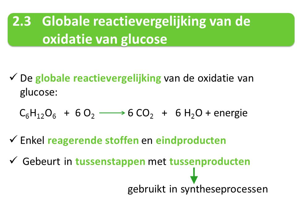 2.3 Globale reactievergelijking van de oxidatie van glucose