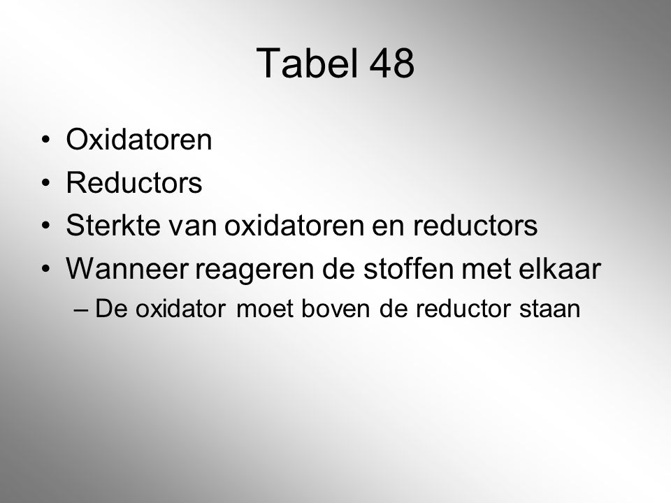 Tabel 48 Oxidatoren Reductors Sterkte van oxidatoren en reductors