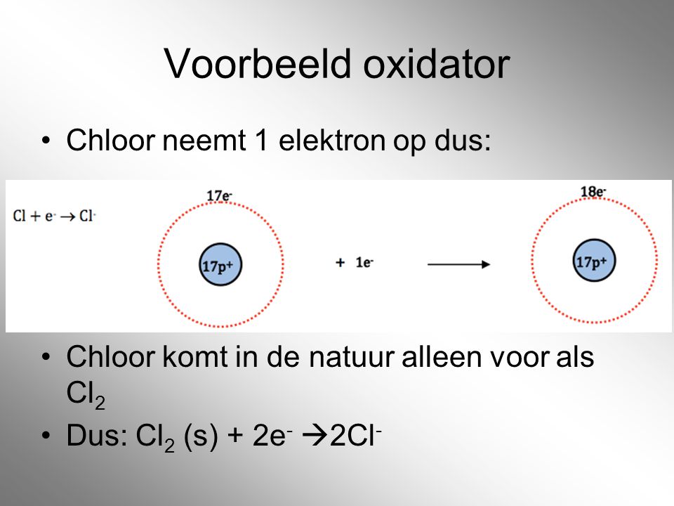 Voorbeeld oxidator Chloor neemt 1 elektron op dus: