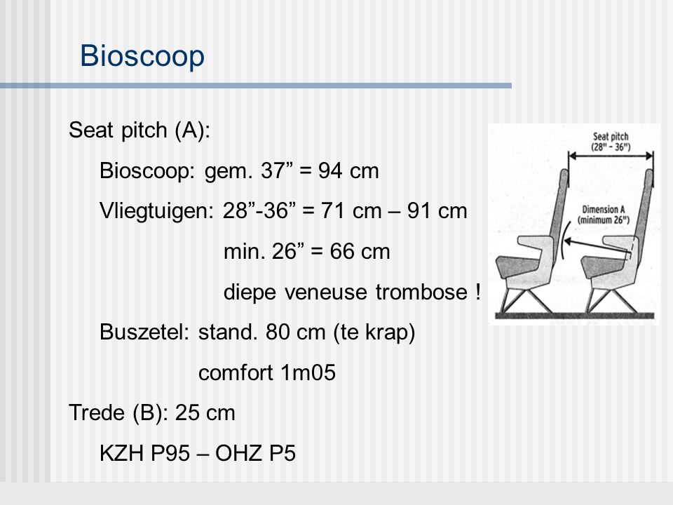 Bioscoop Seat pitch (A): Bioscoop: gem. 37 = 94 cm