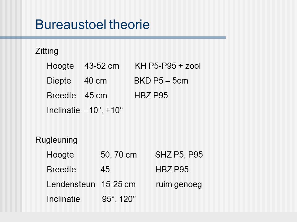 Bureaustoel theorie Zitting Hoogte cm KH P5-P95 + zool
