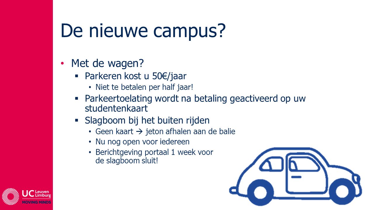 De nieuwe campus Met de wagen Parkeren kost u 50€/jaar
