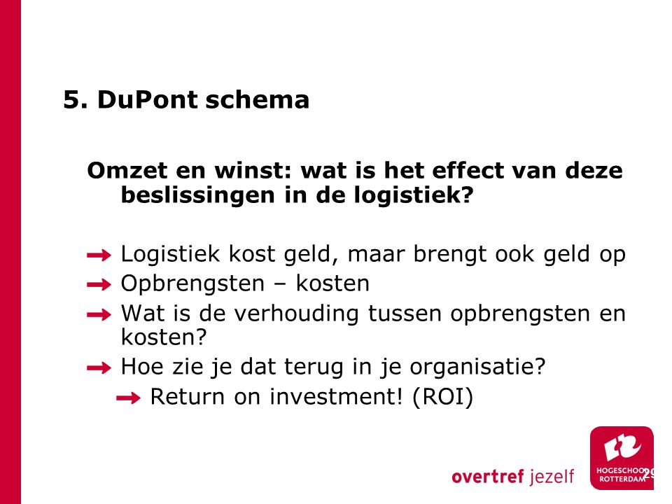 5. DuPont schema Omzet en winst: wat is het effect van deze beslissingen in de logistiek Logistiek kost geld, maar brengt ook geld op.