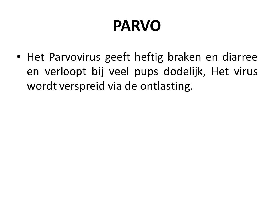 PARVO Het Parvovirus geeft heftig braken en diarree en verloopt bij veel pups dodelijk, Het virus wordt verspreid via de ontlasting.