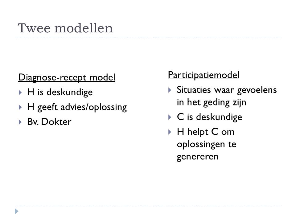 Twee modellen Participatiemodel Diagnose-recept model