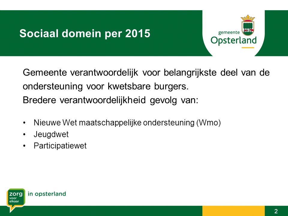Sociaal domein per 2015 Gemeente verantwoordelijk voor belangrijkste deel van de. ondersteuning voor kwetsbare burgers.