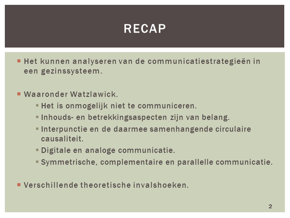 recap Het kunnen analyseren van de communicatiestrategieën in een gezinssysteem. Waaronder Watzlawick.