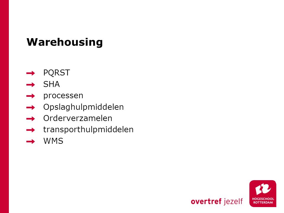 Warehousing PQRST SHA processen Opslaghulpmiddelen Orderverzamelen