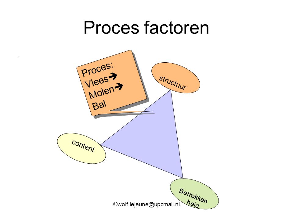 Proces factoren Proces: Vlees Molen Bal structuur content Betrokken