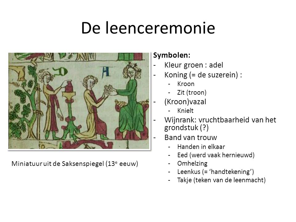 De leenceremonie Symbolen: Kleur groen : adel Koning (= de suzerein) :